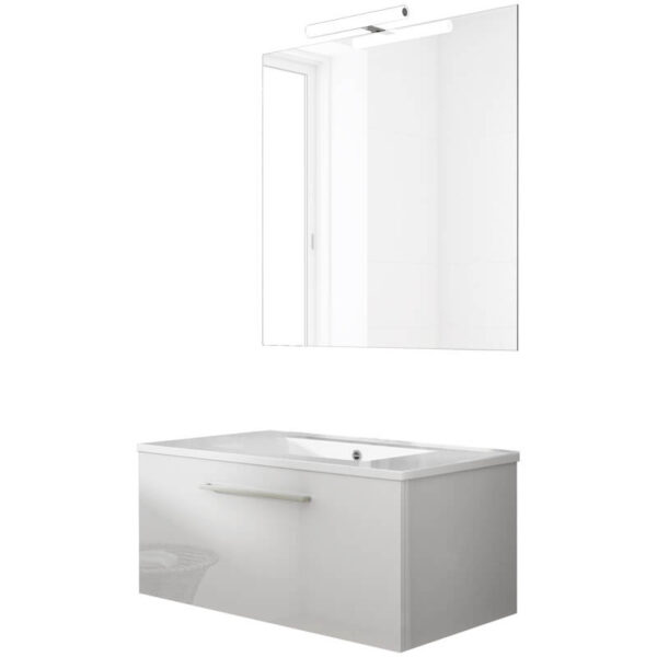 Ensemble de salle de bain meuble suspendu 80cm NICE CLASSIC blanc brillant - Vasque en céramique - Miroir sur châssis - Applique lumineuse