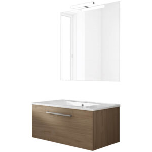 Ensemble de salle de bain meuble suspendu 80cm NICE CLASSIC bois clair - Vasque - Miroir - Applique