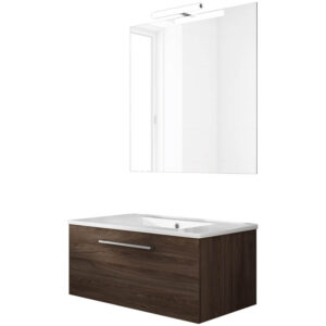 Ensemble de salle de bain meuble suspendu 80cm NICE CLASSIC bois foncé - Vasque - Miroir - Applique