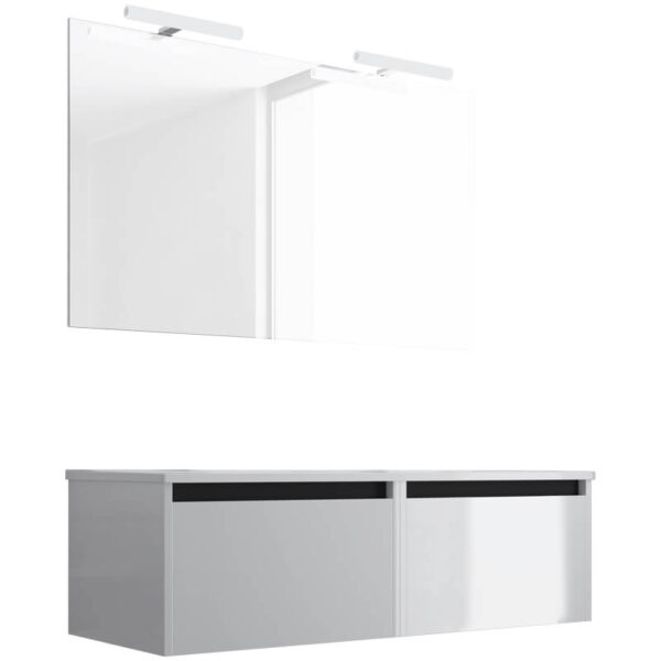 Ensemble de salle de bain meuble suspendu 120cm NICE EDGE blanc brillant - Vasque en céramique - Miroir sur châssis - Applique lumineuse