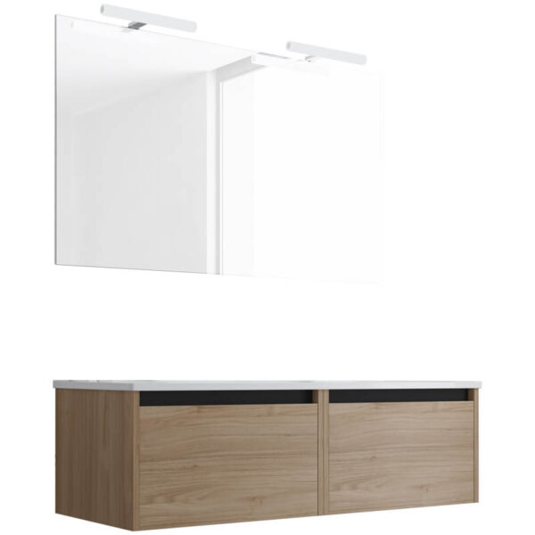 Ensemble de salle de bain meuble suspendu 120cm NICE EDGE bois clair - Vasque en céramique - Miroir sur châssis - Applique lumineuse