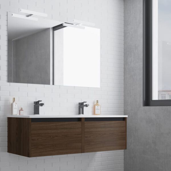 Ensemble de salle de bain meuble suspendu 120cm NICE EDGE bois foncé - Vasque en céramique - Miroir sur châssis - Applique lumineuse – Image 2