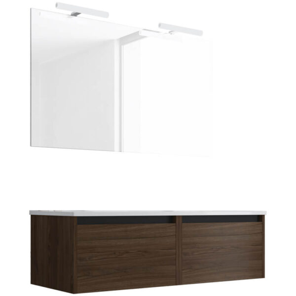 Ensemble de salle de bain meuble suspendu 120cm NICE EDGE bois foncé - Vasque en céramique - Miroir sur châssis - Applique lumineuse