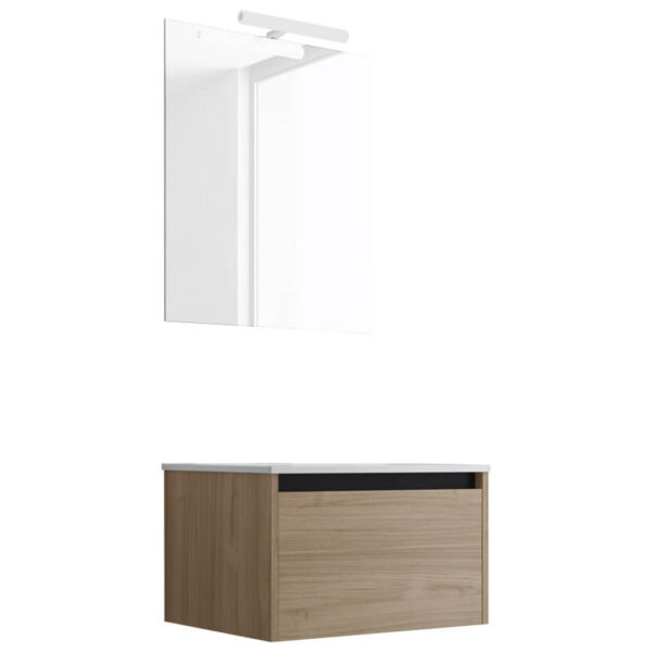 Ensemble de salle de bain meuble suspendu 60cm NICE EDGE bois clair - Vasque en céramique - Miroir sur châssis - Applique lumineuse