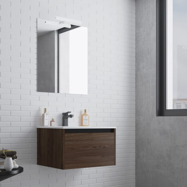 Ensemble de salle de bain meuble suspendu 60cm NICE EDGE bois foncé - Vasque en céramique - Miroir sur châssis - Applique lumineuse – Image 2