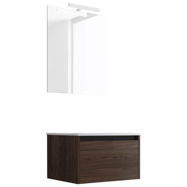 Ensemble de salle de bain meuble suspendu 60cm NICE EDGE bois foncé - Vasque en céramique - Miroir sur châssis - Applique lumineuse