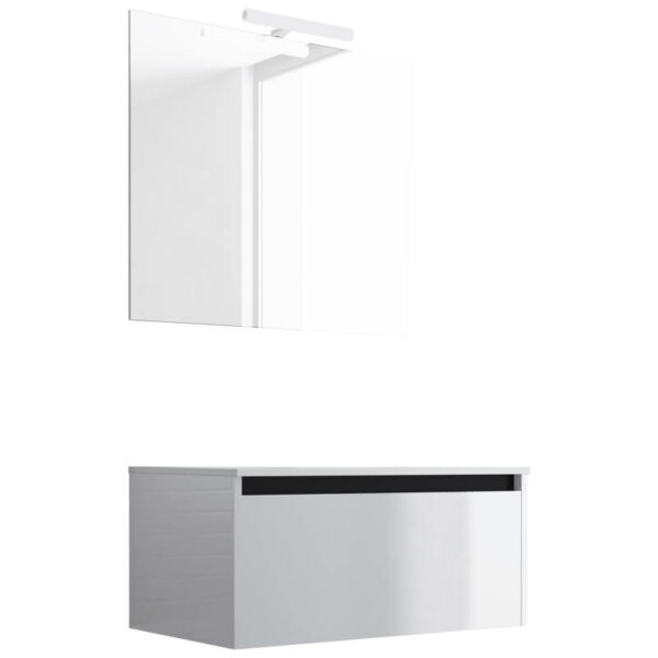 Ensemble de salle de bain meuble suspendu 80cm NICE EDGE blanc brillant - Vasque en céramique - Miroir sur châssis - Applique lumineuse