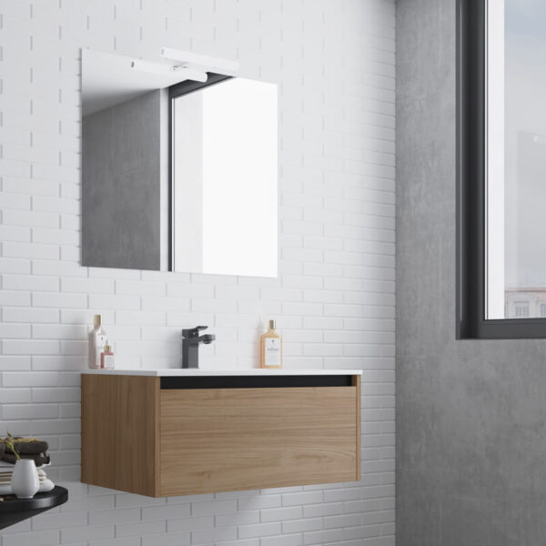 Ensemble de salle de bain meuble suspendu 80cm NICE EDGE bois clair - Vasque en céramique - Miroir sur châssis - Applique lumineuse – Image 2