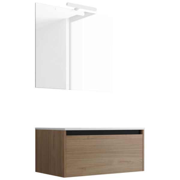 Ensemble de salle de bain meuble suspendu 80cm NICE EDGE bois clair - Vasque en céramique - Miroir sur châssis - Applique lumineuse