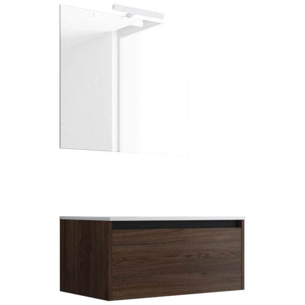 Ensemble de salle de bain meuble suspendu 80cm NICE EDGE bois foncé - Vasque en céramique - Miroir sur châssis - Applique lumineuse