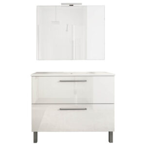Ensemble de salle de bain meuble 100cm STAY TWO CLASSIC blanc brillant - Vasque - Miroir - Applique
