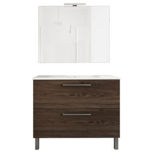 Ensemble de salle de bain meuble 100cm STAY TWO CLASSIC bois foncé - Vasque - Miroir - Applique