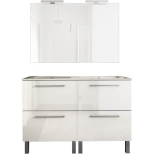 Ensemble de salle de bain meuble 120cm STAY TWO CLASSIC blanc brillant - Vasque - Miroir - Applique