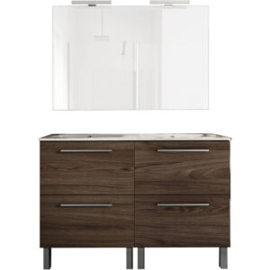 Ensemble de salle de bain meuble 120cm STAY TWO CLASSIC bois foncé - Vasque - Miroir - Applique