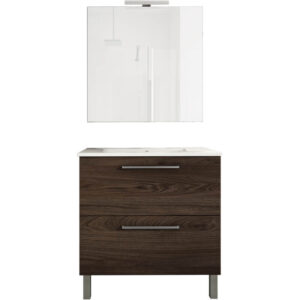 Ensemble de salle de bain meuble 80cm STAY TWO CLASSIC bois foncé - Vasque - Miroir - Applique