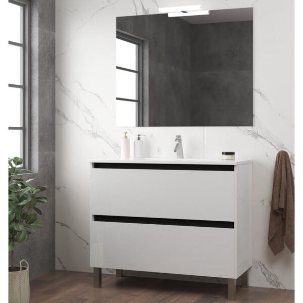 Ensemble de salle de bain meuble 100cm STAY TWO EDGE blanc brillant - Vasque en céramique - Miroir sur châssis - Applique lumineuse – Image 2