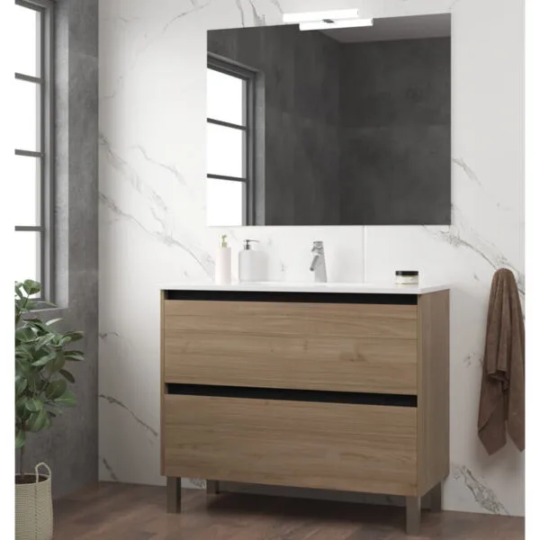 Ensemble de salle de bain meuble 100cm STAY TWO EDGE bois clair - Vasque - Miroir - Applique – Image 2
