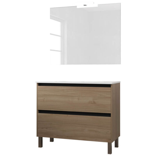 Ensemble de salle de bain meuble 100cm STAY TWO EDGE bois clair - Vasque en céramique - Miroir sur châssis - Applique lumineuse
