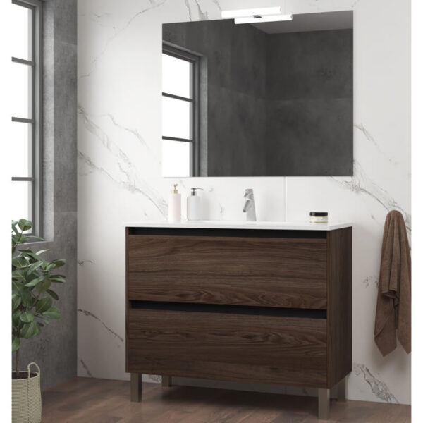 Ensemble de salle de bain meuble 100cm STAY TWO EDGE bois foncé - Vasque en céramique - Miroir sur châssis - Applique lumineuse – Image 2