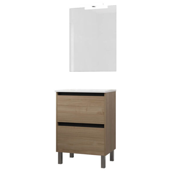 Ensemble de salle de bain meuble 60cm STAY TWO EDGE bois clair - Vasque en céramique - Miroir sur châssis - Applique lumineuse