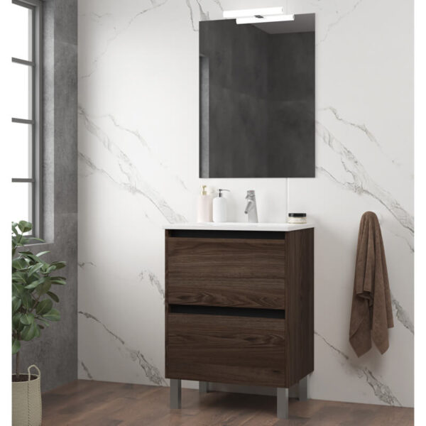 Ensemble de salle de bain meuble 60cm STAY TWO EDGE bois foncé - Vasque en céramique - Miroir sur châssis - Applique lumineuse – Image 2