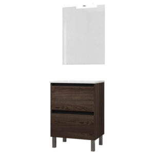 Ensemble de salle de bain meuble 60cm STAY TWO EDGE bois foncé - Vasque - Miroir - Applique