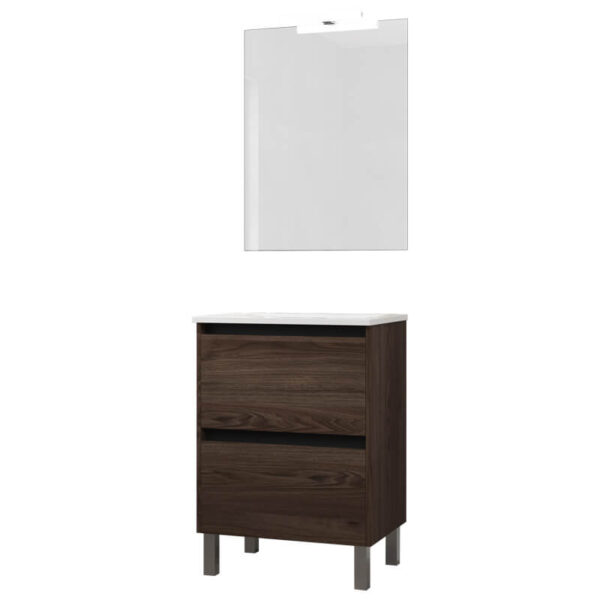 Ensemble de salle de bain meuble 60cm STAY TWO EDGE bois foncé - Vasque en céramique - Miroir sur châssis - Applique lumineuse