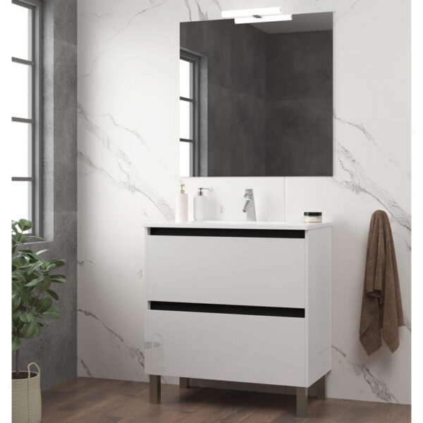 Ensemble de salle de bain meuble 80cm STAY TWO EDGE blanc brillant - Vasque en céramique - Miroir sur châssis - Applique lumineuse – Image 2