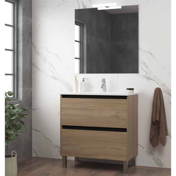 Ensemble de salle de bain meuble 80cm STAY TWO EDGE bois clair - Vasque en céramique - Miroir sur châssis - Applique lumineuse – Image 2