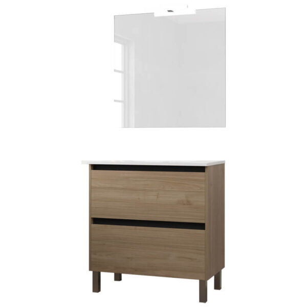 Ensemble de salle de bain meuble 80cm STAY TWO EDGE bois clair - Vasque en céramique - Miroir sur châssis - Applique lumineuse