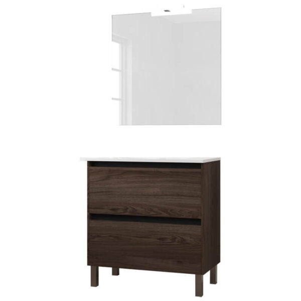 Ensemble de salle de bain meuble 80cm STAY TWO EDGE bois foncé - Vasque en céramique - Miroir sur châssis - Applique lumineuse