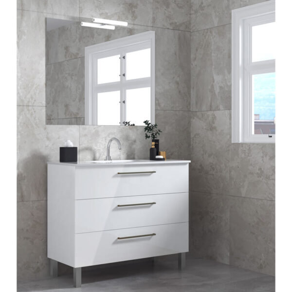 Ensemble de salle de bain meuble 100cm STAY THREE CLASSIC blanc brillant - Vasque en céramique - Miroir sur châssis - Applique lumineuse – Image 2