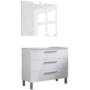 Ensemble de salle de bain meuble 100cm STAY THREE CLASSIC blanc brillant - Vasque - Miroir - Applique