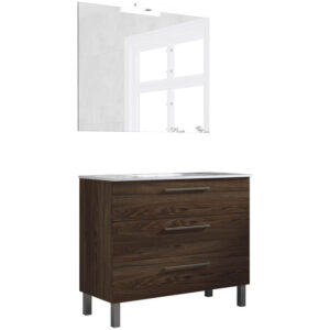 Ensemble de salle de bain meuble 100cm STAY THREE CLASSIC bois foncé - Vasque - Miroir - Applique
