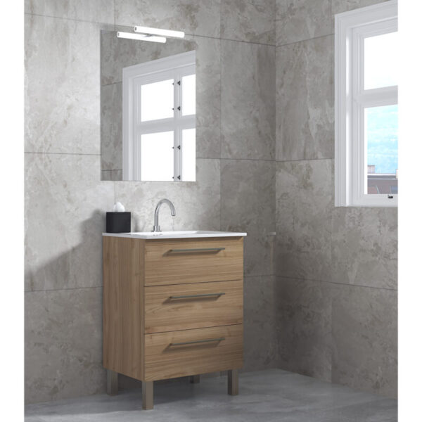 Ensemble de salle de bain meuble 60cm STAY THREE CLASSIC bois clair - Vasque en céramique - Miroir sur châssis - Applique lumineuse – Image 2