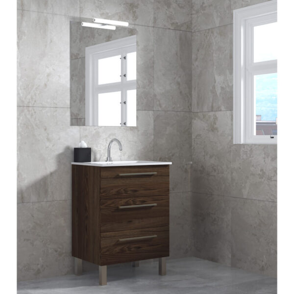 Ensemble de salle de bain meuble 60cm STAY THREE CLASSIC bois foncé - Vasque en céramique - Miroir sur châssis - Applique lumineuse – Image 2