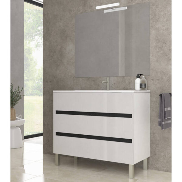 Ensemble de salle de bain meuble 100cm STAY THREE EDGE blanc brillant - Vasque en céramique - Miroir sur châssis - Applique lumineuse – Image 2