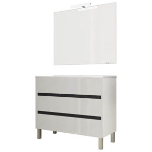 Ensemble de salle de bain meuble 100cm STAY THREE EDGE blanc brillant - Vasque - Miroir - Applique