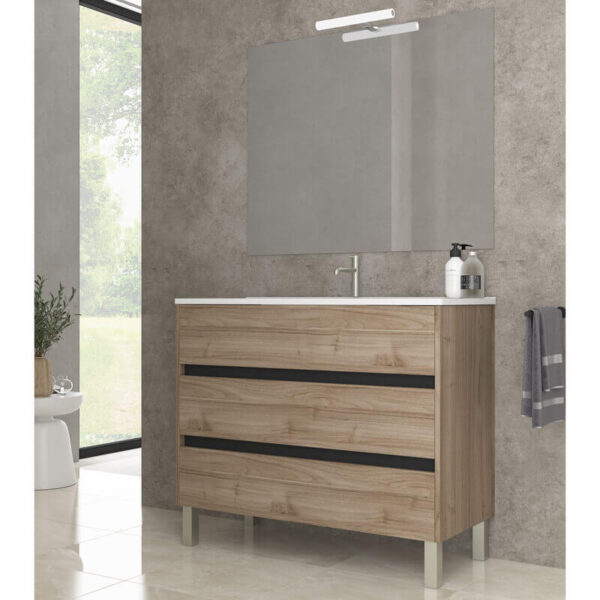 Ensemble de salle de bain meuble 100cm STAY THREE EDGE bois clair - Vasque en céramique - Miroir sur châssis - Applique lumineuse – Image 2