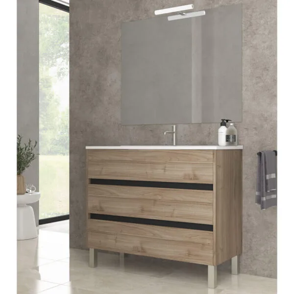 Ensemble de salle de bain meuble 100cm STAY THREE EDGE bois clair - Vasque - Miroir - Applique – Image 2