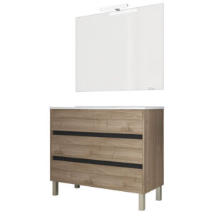 Ensemble de salle de bain meuble 100cm STAY THREE EDGE bois clair - Vasque - Miroir - Applique