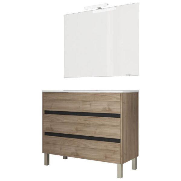 Ensemble de salle de bain meuble 100cm STAY THREE EDGE bois clair - Vasque en céramique - Miroir sur châssis - Applique lumineuse