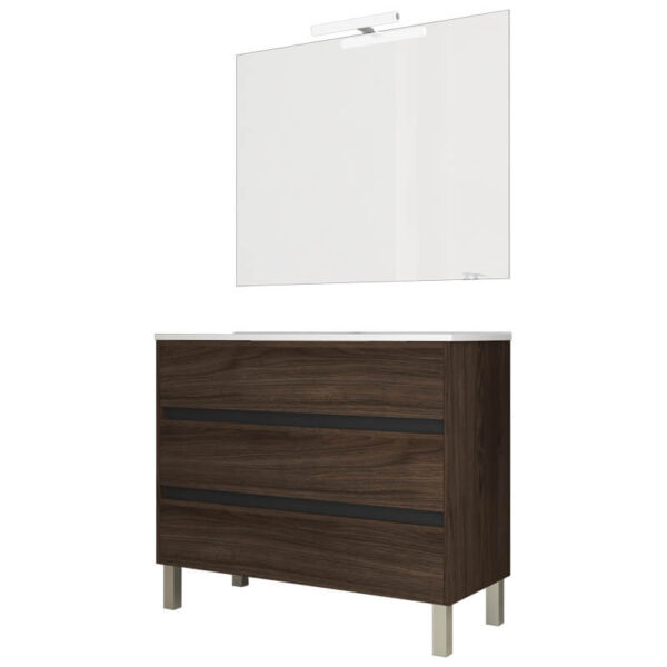 Ensemble de salle de bain meuble 100cm STAY THREE EDGE bois foncé - Vasque en céramique - Miroir sur châssis - Applique lumineuse