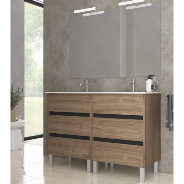 Ensemble de salle de bain meuble 120cm STAY THREE EDGE bois clair - Vasque en céramique - Miroir sur châssis - Applique lumineuse – Image 2