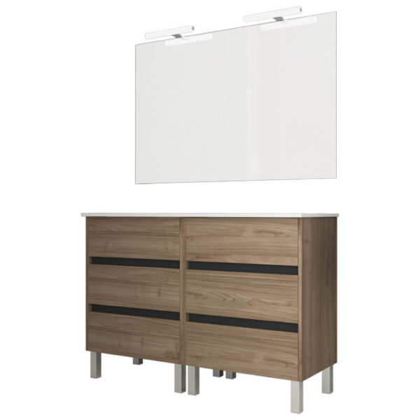 Ensemble de salle de bain meuble 120cm STAY THREE EDGE bois clair - Vasque en céramique - Miroir sur châssis - Applique lumineuse