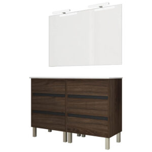 Ensemble de salle de bain meuble 120cm STAY THREE EDGE bois foncé - Vasque en céramique - Miroir sur châssis - Applique lumineuse