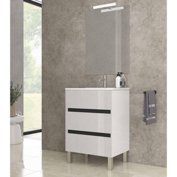 Ensemble de salle de bain meuble 60cm STAY THREE EDGE blanc brillant - Vasque en céramique - Miroir sur châssis - Applique lumineuse – Image 2