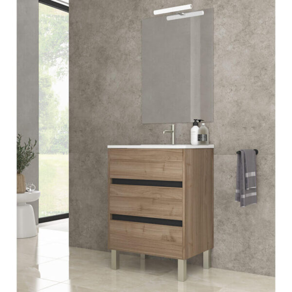 Ensemble de salle de bain meuble 60cm STAY THREE EDGE bois clair - Vasque en céramique - Miroir sur châssis - Applique lumineuse – Image 2