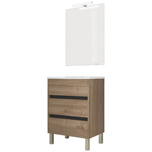 Ensemble de salle de bain meuble 60cm STAY THREE EDGE bois clair - Vasque - Miroir - Applique