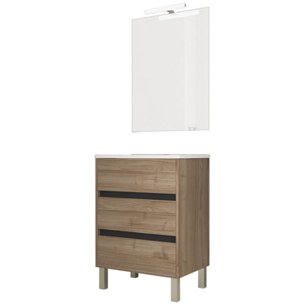 Ensemble de salle de bain meuble 60cm STAY THREE EDGE bois clair - Vasque en céramique - Miroir sur châssis - Applique lumineuse